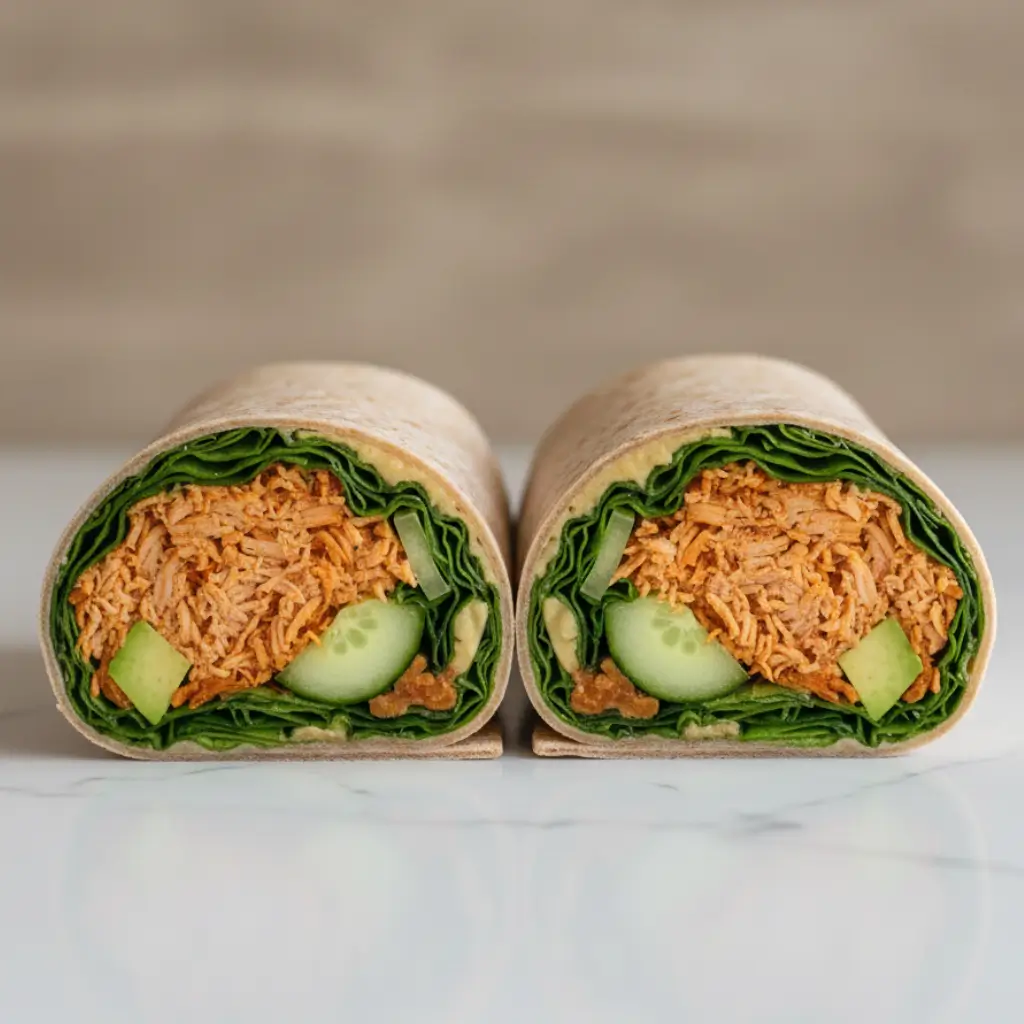 Shredded chicken wrap with spinach, cucumber, and rice rolled in a whole wheat tortilla