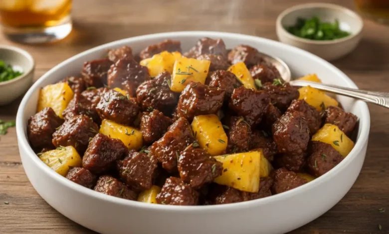 Sticky pineapple steak bites with tender beef cubes and fresh pineapple pieces, garnished with herbs in a white bowl.