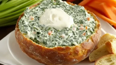 Knorr Spinach Dip served in a bread bowl with sour cream topping, accompanied by sliced bread and fresh veggies.