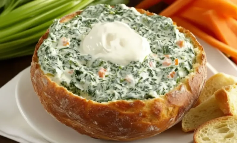 Knorr Spinach Dip served in a bread bowl with sour cream topping, accompanied by sliced bread and fresh veggies.