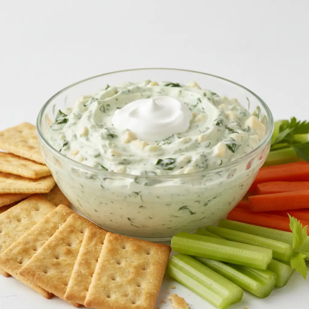 Knorr Spinach Dip served in a glass bowl with a dollop of sour cream, surrounded by crackers, celery, and carrot sticks.