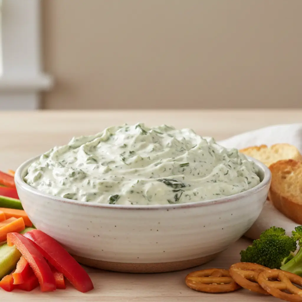 Creamy Knorr spinach dip recipe in a white bowl, served with pretzels, sliced bread, broccoli, and fresh veggie sticks.