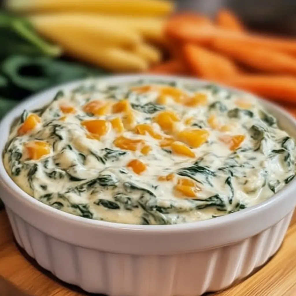 Knorr Spinach Dip served in a white dish with creamy spinach and a topping of diced vegetables, surrounded by fresh carrots.