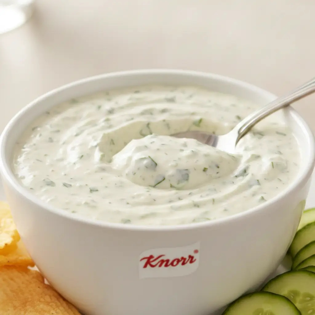 Knorr Spinach Dip served in a bowl with a spoon, surrounded by cucumber slices and potato chips.