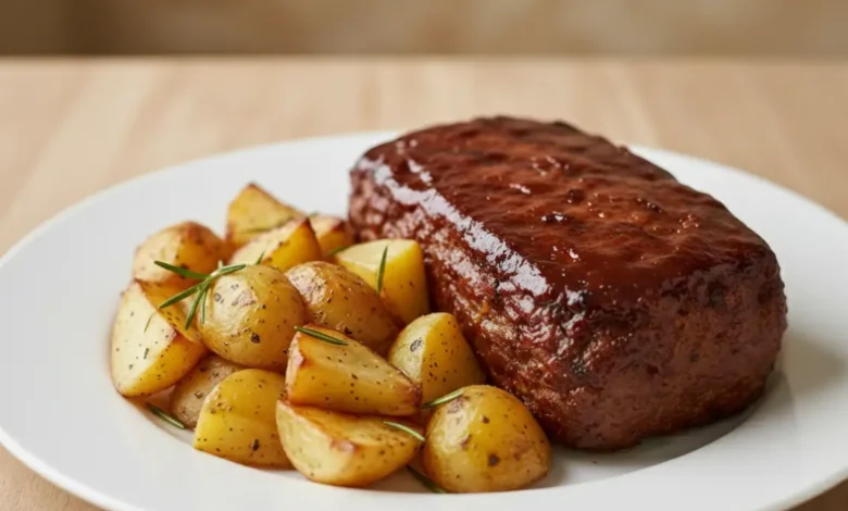 Sticky BBQ meatloaf with roasted potatoes, garnished with rosemary, served on a white plate.