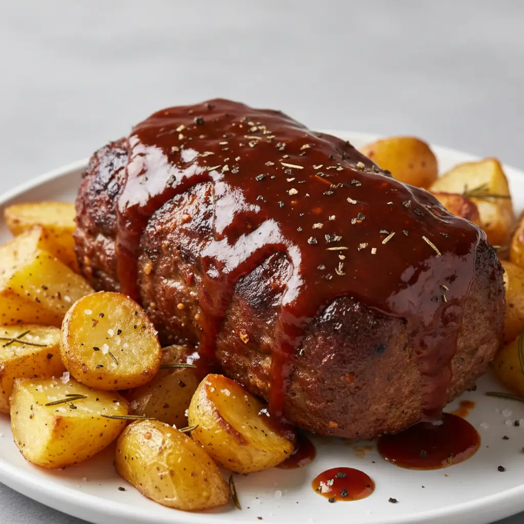 Sticky BBQ meatloaf with a glossy BBQ glaze, garnished with rosemary, served alongside crispy roasted potatoes.