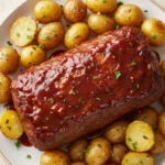 Sticky BBQ meatloaf with a glossy BBQ glaze, surrounded by roasted golden potatoes, garnished with fresh parsley.