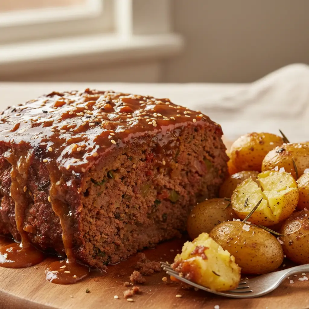 Sticky BBQ meatloaf with a sesame-glazed topping, served with roasted golden potatoes on the side.