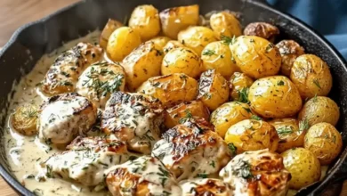 Creamy garlic chicken with roasted baby potatoes, garnished with fresh herbs in a skillet.
