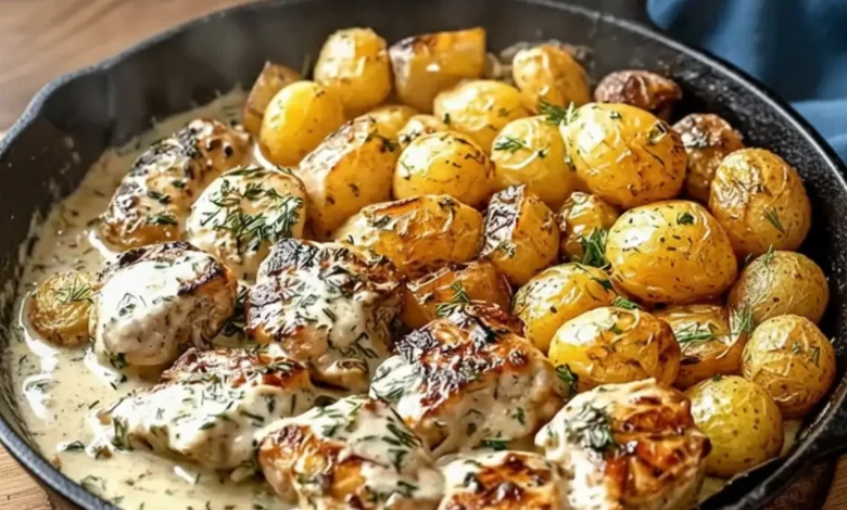 Creamy garlic chicken with roasted baby potatoes, garnished with fresh herbs in a skillet.