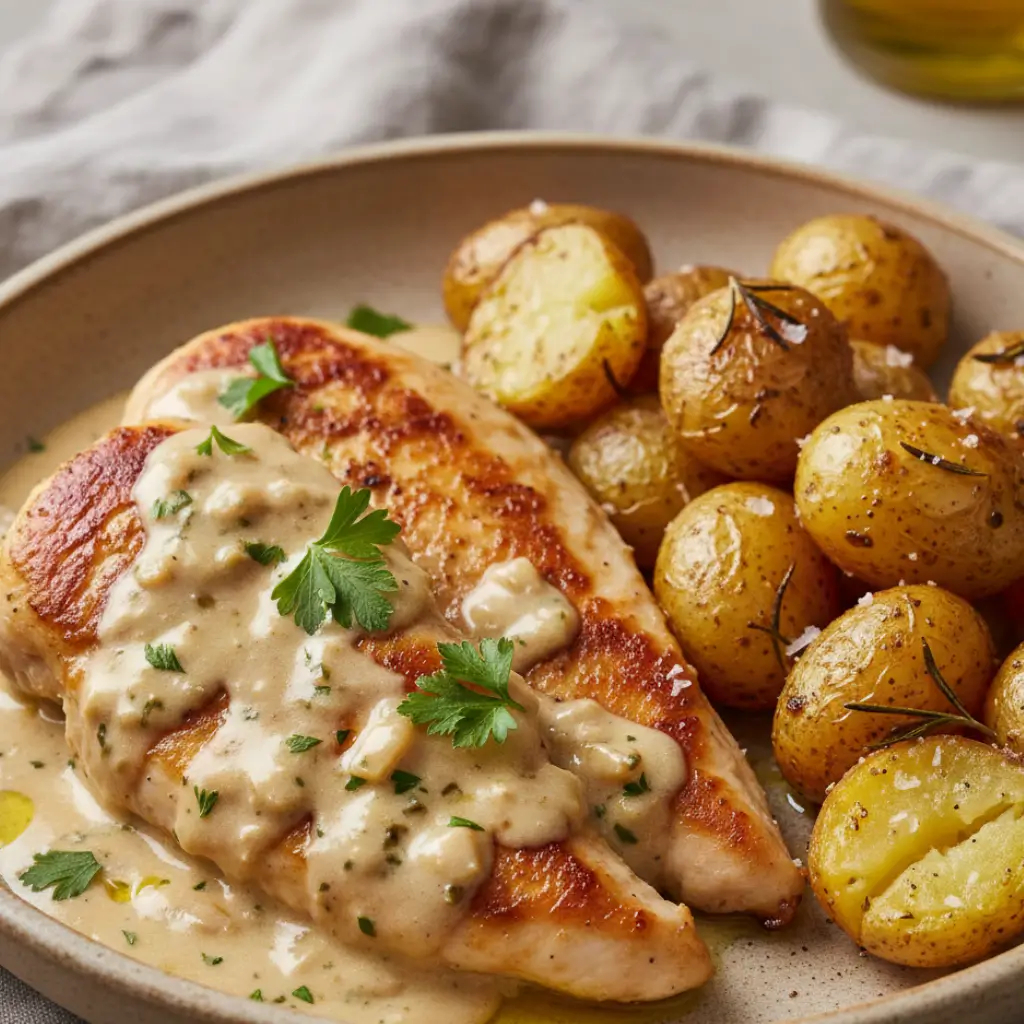 Creamy garlic chicken with parsley served alongside roasted baby potatoes on a beige plate.