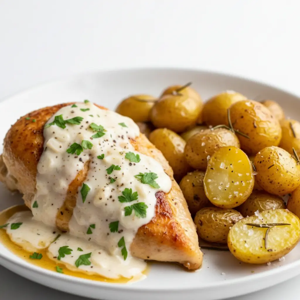 Creamy garlic chicken topped with parsley and served with roasted baby potatoes on a white plate.