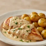 Creamy garlic chicken with roasted baby potatoes, topped with fresh parsley in a plate.
