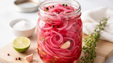 A mason jar filled with vibrant pickled red onions submerged in pink brine, topped with garlic, black peppercorns, and fresh thyme, set against a clean background.