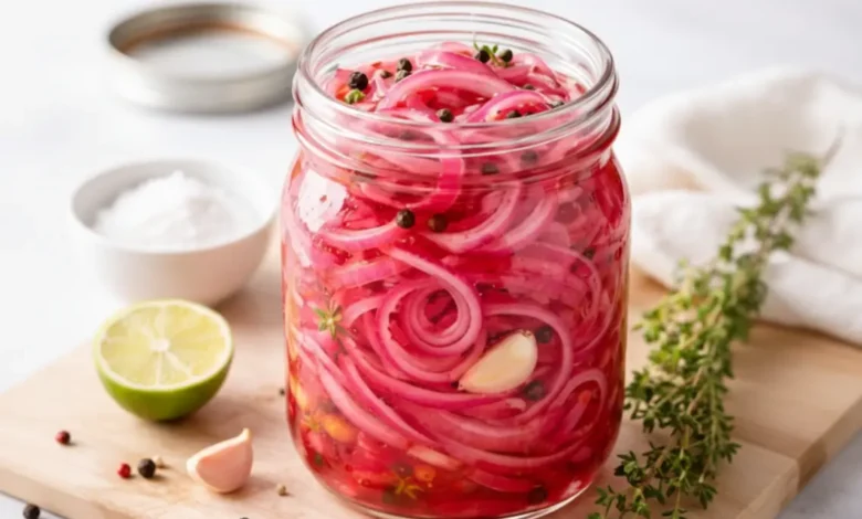 A mason jar filled with vibrant pickled red onions submerged in pink brine, topped with garlic, black peppercorns, and fresh thyme, set against a clean background.