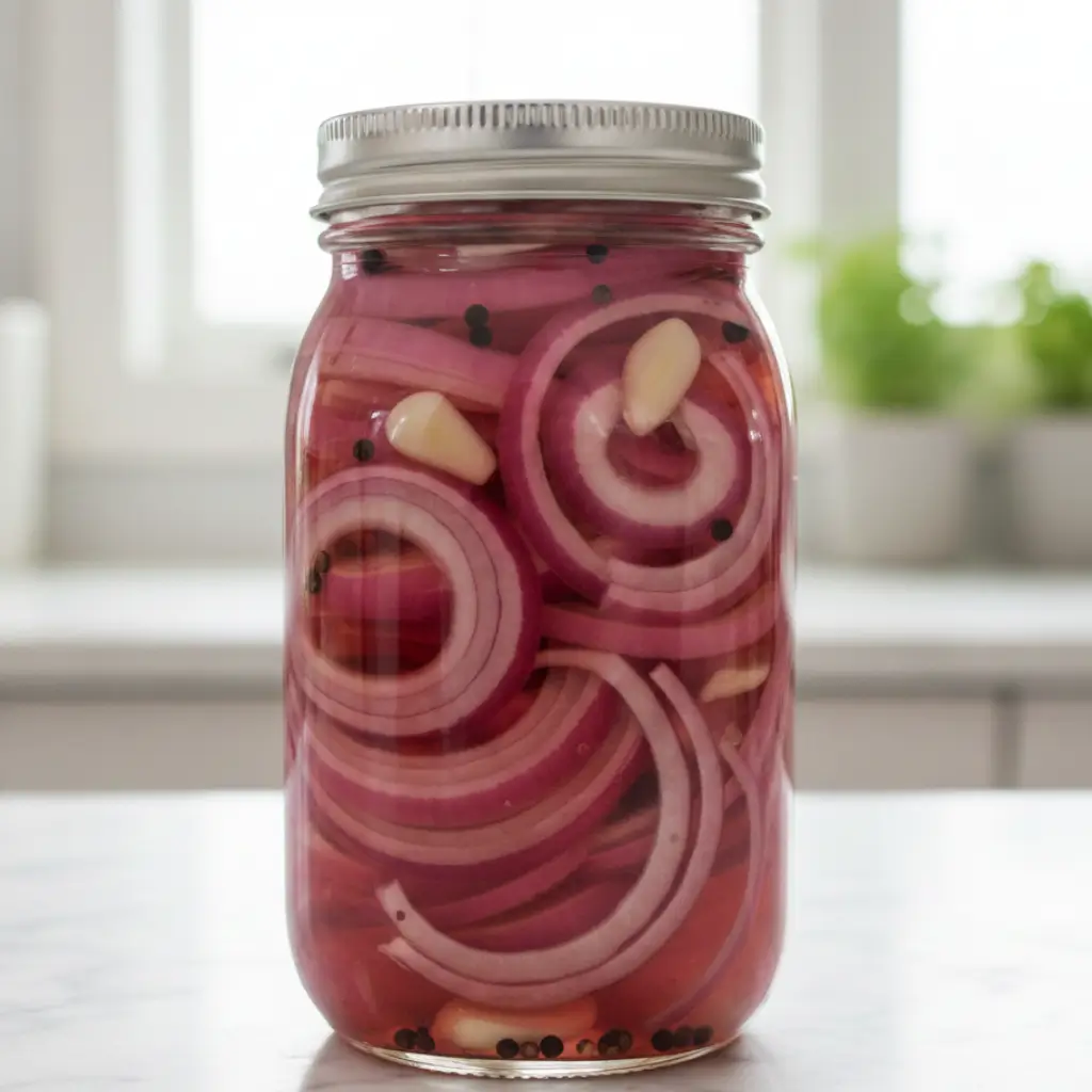 A mason jar filled with pickled red onions in pink brine, featuring sliced onions, garlic cloves, and black peppercorns, set against a soft kitchen background.