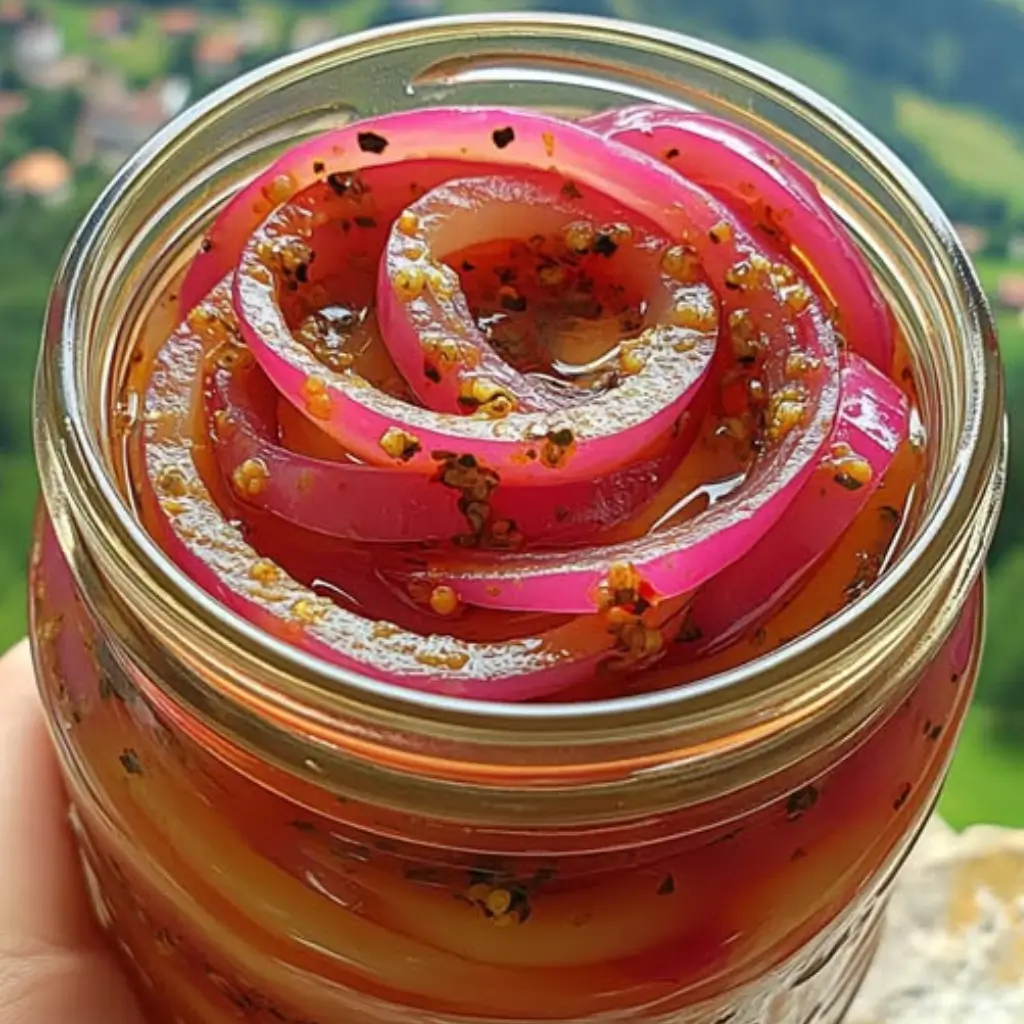 A mason jar filled with vibrant pickled red onions, layered neatly in a spiral, topped with mustard seeds and peppercorns, showcasing a clear pink brine.