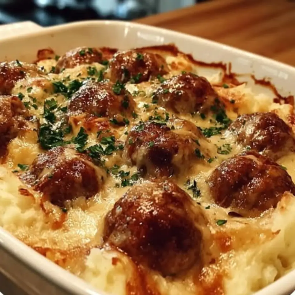 Baked meatballs over creamy mashed potatoes, topped with melted cheese and garnished with fresh parsley for a comforting, cheesy dish.