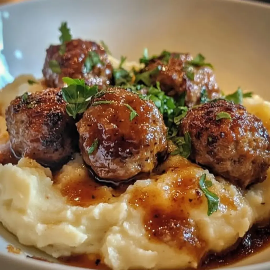Meatballs served over creamy mashed potatoes with gravy and garnished with fresh parsley for a comforting, flavorful dish.