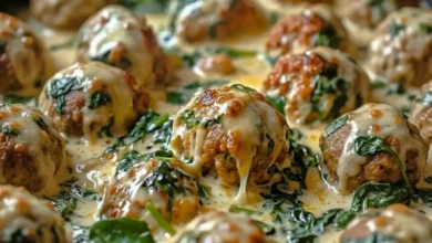 Parmesan chicken meatballs simmered in creamy spinach sauce with melted cheese, golden-browned tops, and a rich, velvety finish.