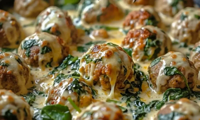 Parmesan chicken meatballs simmered in creamy spinach sauce with melted cheese, golden-browned tops, and a rich, velvety finish.