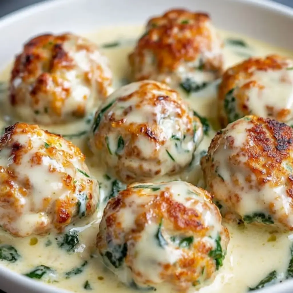 Parmesan chicken meatballs in creamy spinach sauce, seared until golden and served in a white dish with a rich, cheesy finish.
