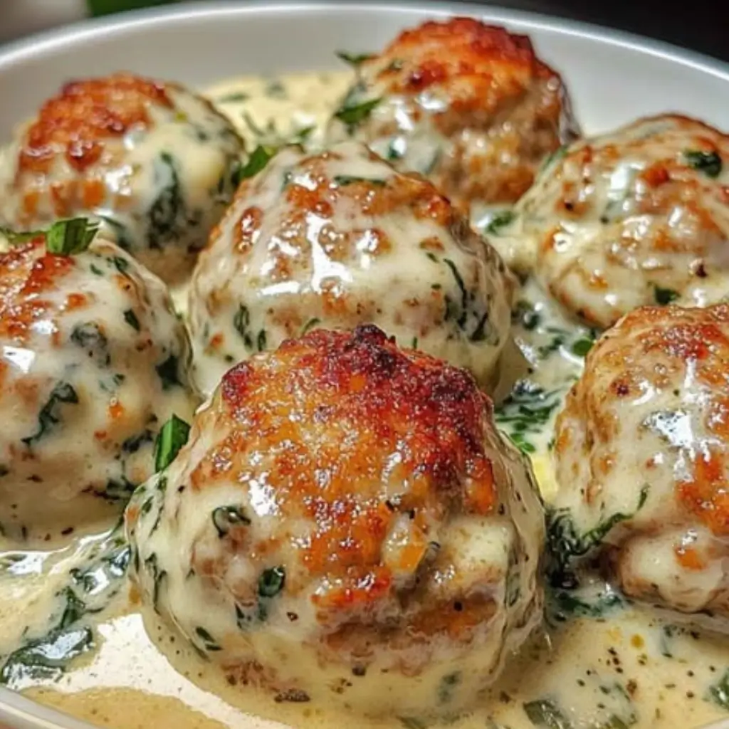 Close-up of Parmesan chicken meatballs in creamy spinach sauce, pan-seared until golden and coated in a rich, cheesy white sauce.
