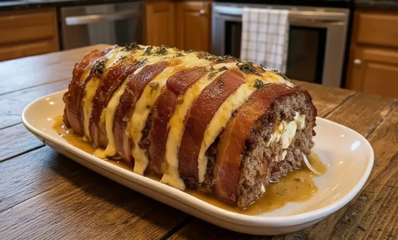 Mozzarella stuffed bacon wrapped meatloaf with melted cheese and crispy bacon.