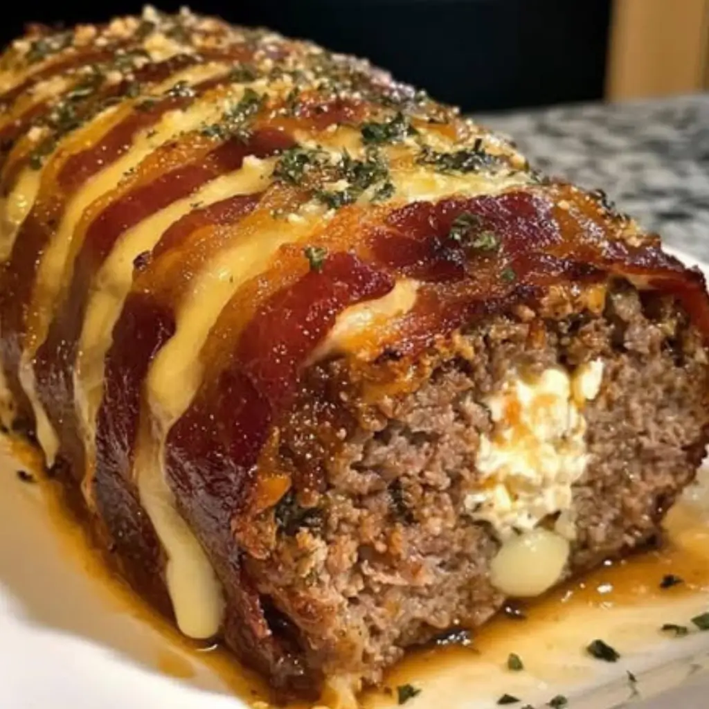 Mozzarella stuffed bacon wrapped meatloaf with melted cheese and crispy bacon strips.