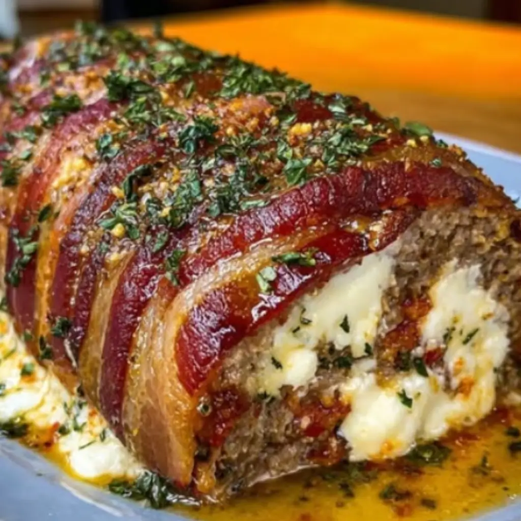 Mozzarella stuffed bacon wrapped meatloaf with melted cheese, crispy bacon, and garnished with fresh herbs.