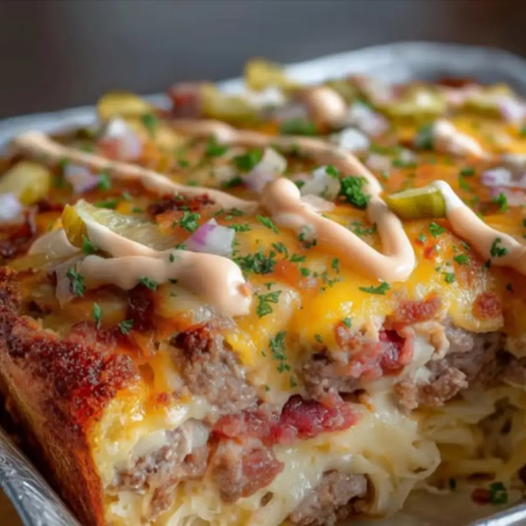Close-up of a delicious Keto Reuben Casserole topped with creamy Russian dressing, fresh parsley, pickles, and onions, showcasing layers of corned beef and melted cheese.
