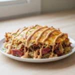 Delicious Keto Reuben Casserole served on a white plate with layers of corned beef, sauerkraut, Swiss cheese, and creamy Russian dressing drizzled on top."