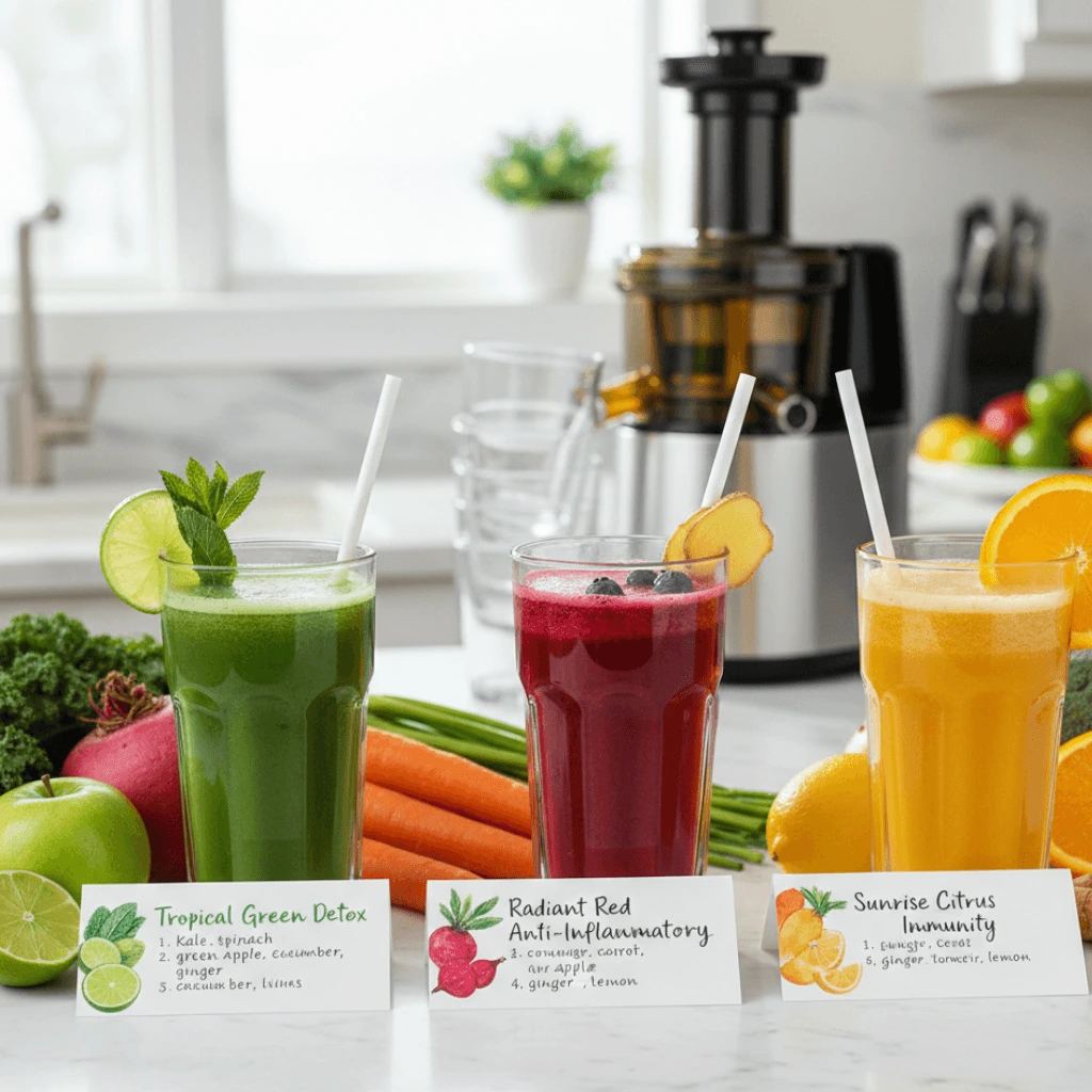 Three vibrant juices on a kitchen counter with fresh ingredients, showcasing different juice recipes in front of a juicer, illustrating the importance of what not to mix when juicing for optimal health.