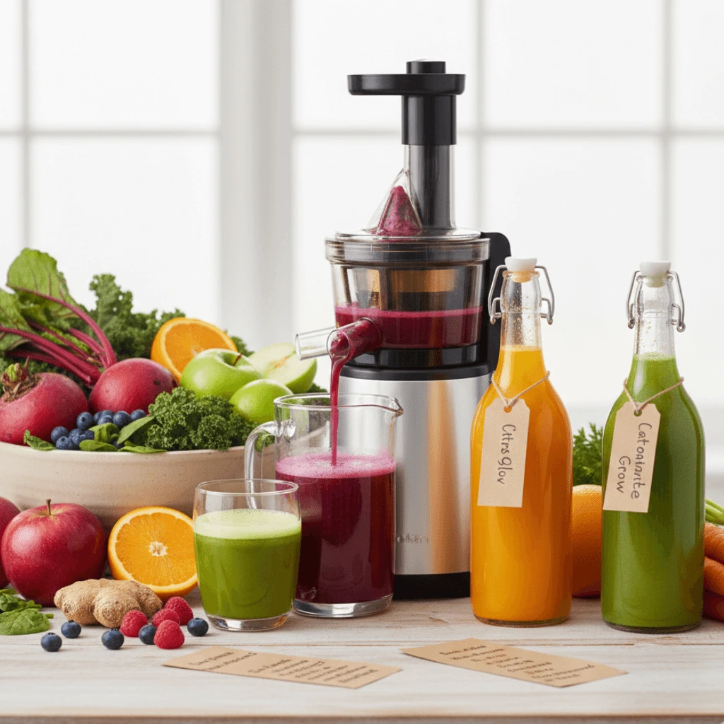 Freshly juiced drinks in glass bottles and cups, with vibrant fruits and vegetables in the background, showing various juice combinations, highlighting the importance of choosing the right ingredients to avoid digestive issues.