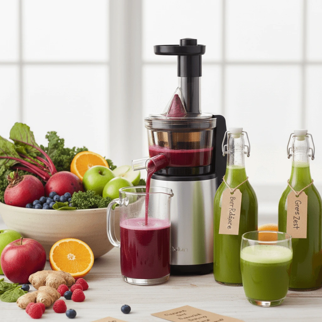 Fresh juices being made with a juicer, with vibrant fruit and vegetable ingredients like beets, apples, and kale, and bottles of juices labeled 'Berry Radiance' and 'Green Zest,' illustrating the importance of proper juice combinations for digestion.