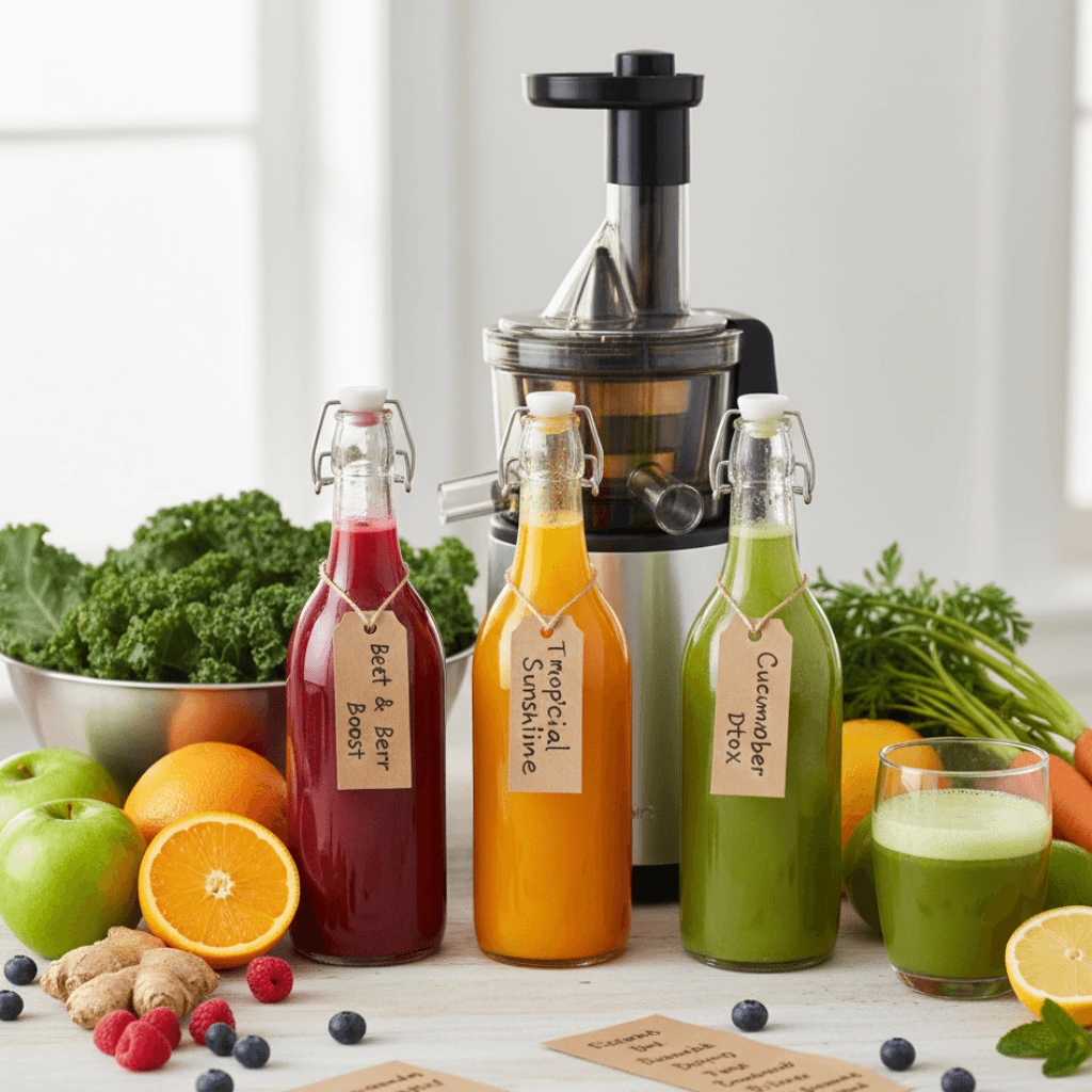 Three vibrant juices in glass bottles—Beet & Berry Boost, Tropical Sunshine, and Cucumber Detox—next to fresh fruits, vegetables, and a juicer, highlighting the importance of proper juice combinations for better digestion.