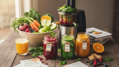 Fresh fruit and vegetable juices with a juicer and ingredients, featuring different juice mixes on a wooden table with fruits and vegetables around, illustrating the concept of what not to mix when juicing.