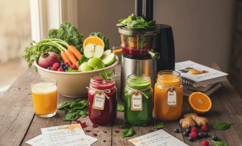 Fresh fruit and vegetable juices with a juicer and ingredients, featuring different juice mixes on a wooden table with fruits and vegetables around, illustrating the concept of what not to mix when juicing.