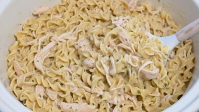 A close-up image of Crockpot Chicken and Noodles, showing creamy broth, tender chicken, and soft egg noodles stirred with a wooden spoon.
