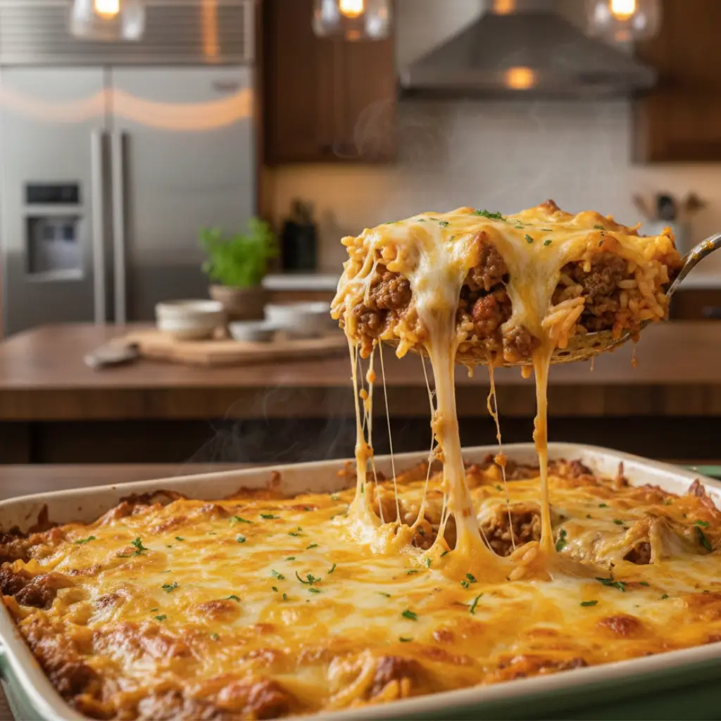 Cheesy Ground Beef and Rice Casserole with melted cheese and ground beef being served with cheese stretching, in a modern kitchen with a stylish background.