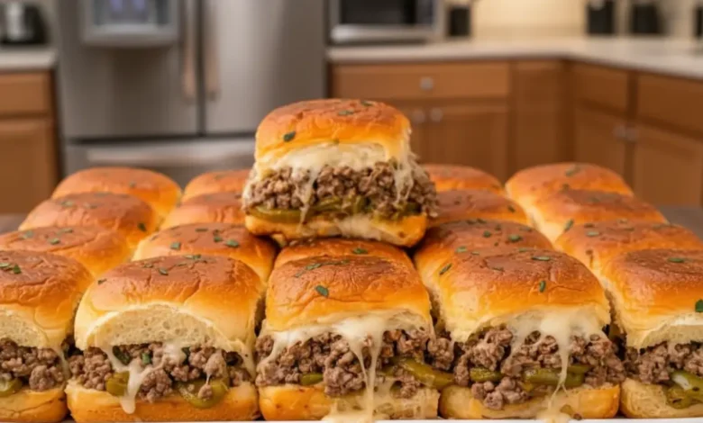Delicious Philly Cheesesteak Sliders with melted cheese, ground beef, and green peppers on soft slider buns, served in a modern kitchen setting.