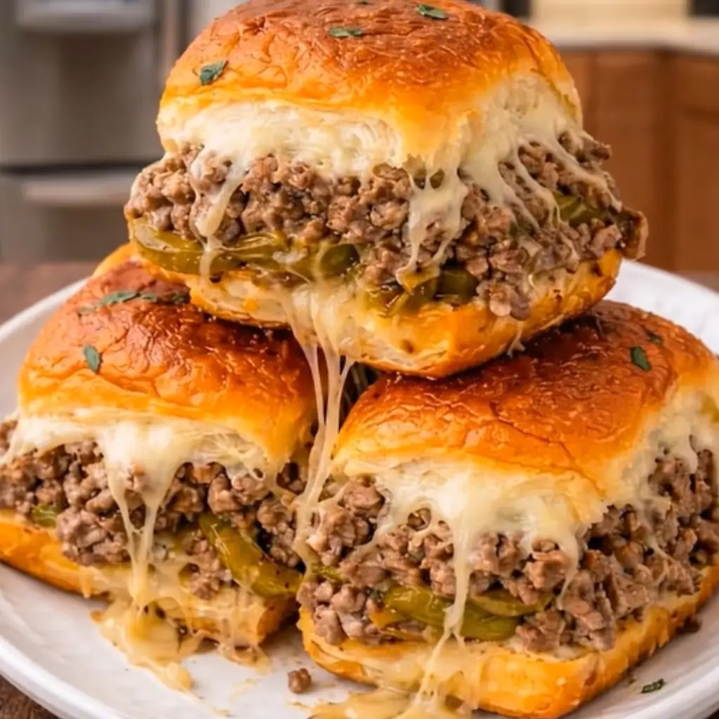 Melted cheese and savory ground beef with green peppers inside soft, golden slider buns stacked on a plate, showcasing Philly Cheesesteak Sliders.