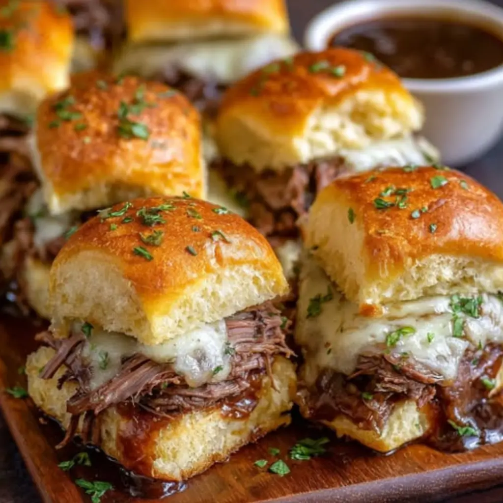 A close-up view of French Dip Sliders filled with tender, shredded roast beef, melted cheese, and topped with fresh parsley, served with a side of au jus for dipping.