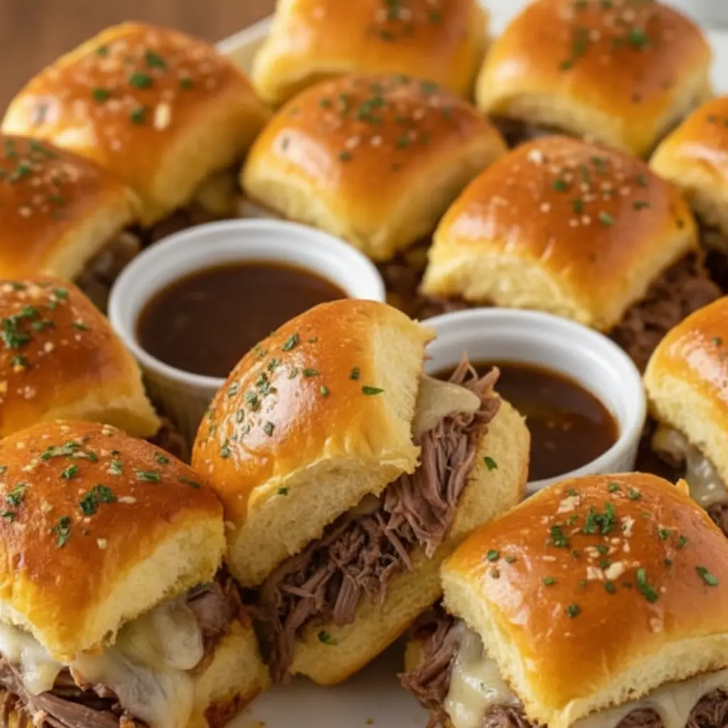 A platter of French Dip Sliders with tender roast beef and melted cheese, topped with fresh parsley, served with two sides of au jus for dipping.