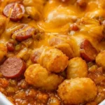 Close-up of cheesy hot dog tater tot casserole with crispy golden tots, sliced hot dogs, and melted cheddar in a white baking dish.