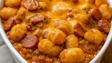 Close-up of cheesy hot dog tater tot casserole with crispy golden tots, sliced hot dogs, and melted cheddar in a white baking dish.