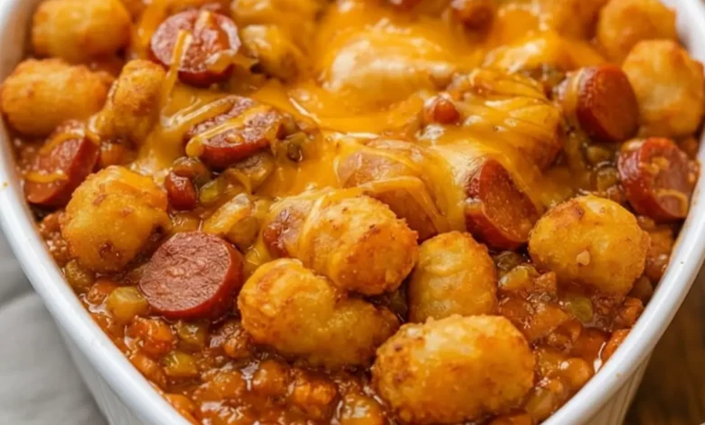 Close-up of cheesy hot dog tater tot casserole with crispy golden tots, sliced hot dogs, and melted cheddar in a white baking dish.