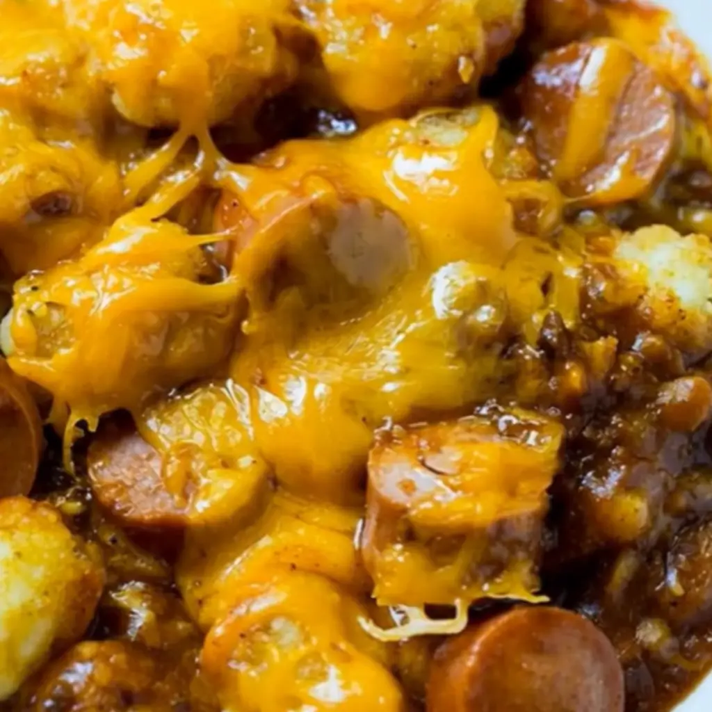 Cheesy hot dog tater tot casserole baked with crispy golden tots and melted cheddar cheese on top.