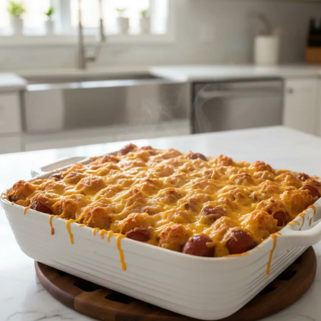 Cheesy hot dog tater tot casserole in white baking dish with melted cheddar and crispy tots on top in modern kitchen.
