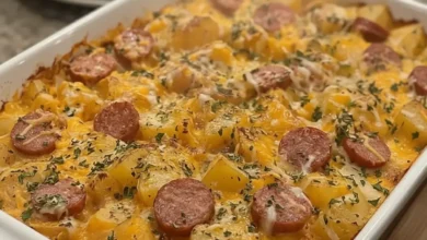 Cheesy Potato and Smoked Sausage Casserole with melted cheese and sausage slices, garnished with herbs.
